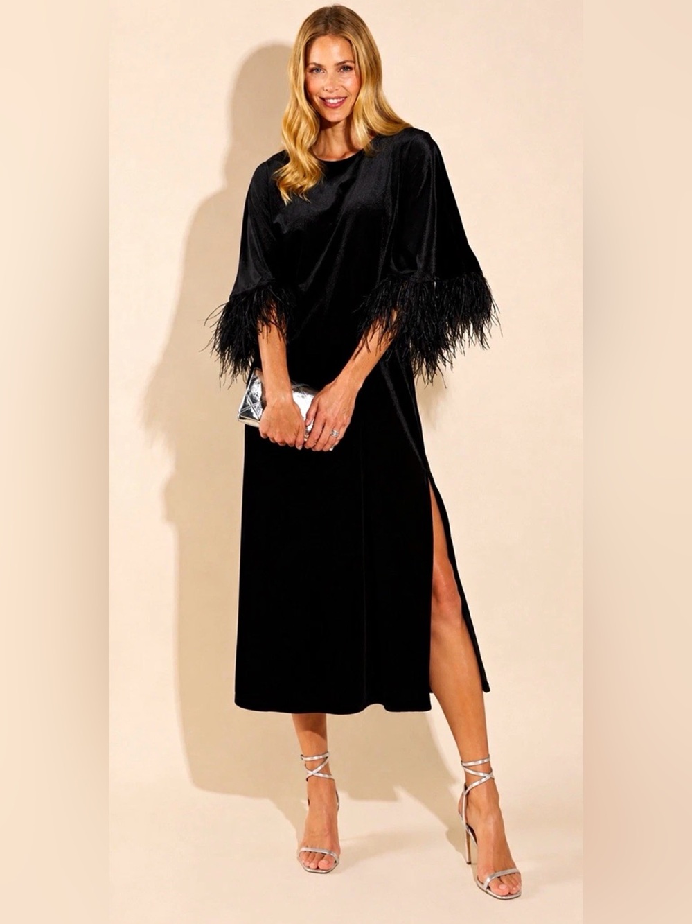 NWT Jude Connally Royce Black Stretch Velvet Feather Cuff Midi Dress sz. L